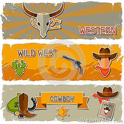 Wild west banners with cowboy objects and stickers Vector Illustration