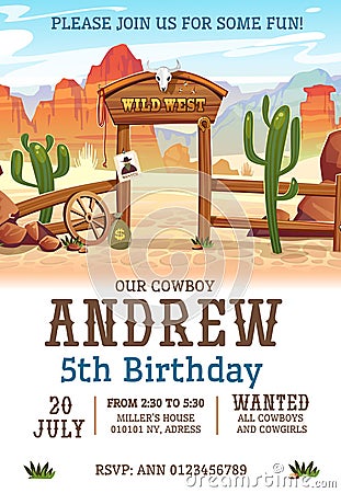 Wild west Birthday party invitation design template. Western poster concept for invitations, greeting cards etc. Cartoon wild west Vector Illustration