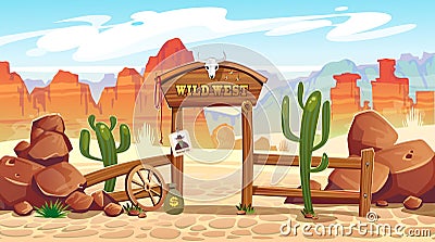 Wild west cartoon illustration with cowboy, skull, wanted poster and mountains. Vector western illustration Vector Illustration