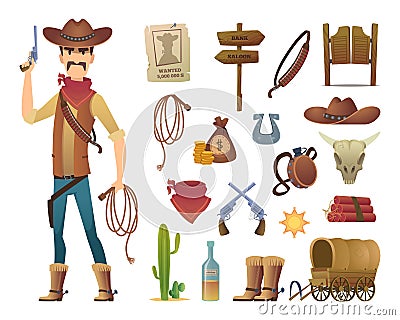 Wild west cartoon. Saloon cowboy western lasso symbols vector pictures isolated Vector Illustration