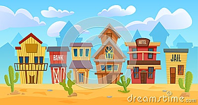 Wild west city, cartoon western cityscape, old wooden house buildings for cowboys, desert landscape Vector Illustration