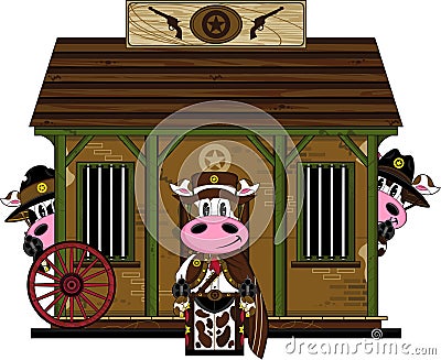 Wild West Cow Cowboys at Jailhouse Vector Illustration