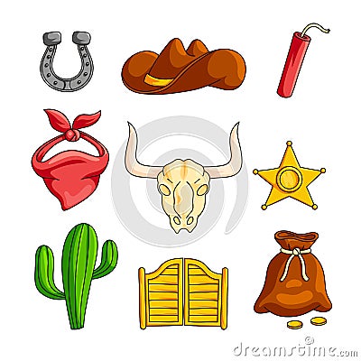 Wild west with cowboy accessories set isolated on white background Vector Illustration