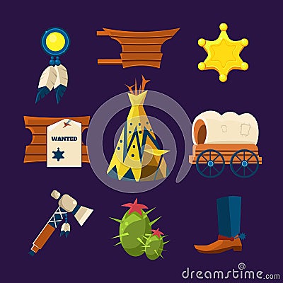 Wild West Cowboy Flat Icons Vector Illustration