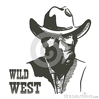 Wild West Cowboy portrait man in bandanna mask. Vector Western bandit in cowboy American hat Vector Illustration