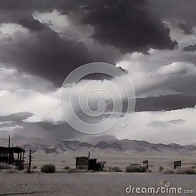 Wild west desert cloudy sky creepy scene distant wooden buildings left behind Stock Photo