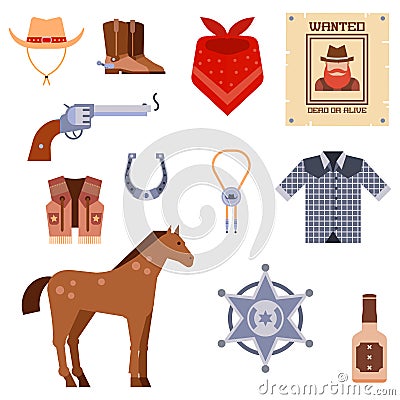 Wild west elements set icons cowboy rodeo equipment and different accessories vector illustration. Vector Illustration