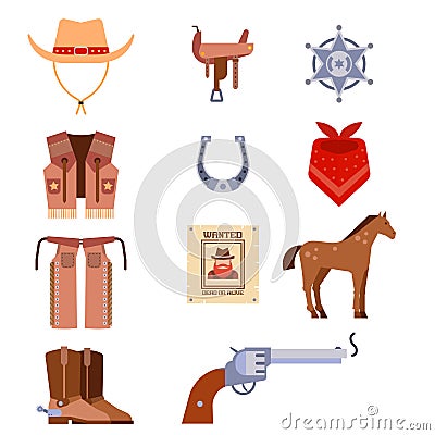 Wild west elements set icons cowboy rodeo equipment and different accessories vector illustration. Vector Illustration