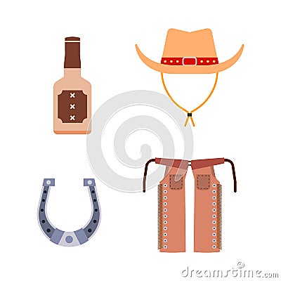 Wild west elements set icons cowboy rodeo equipment and different accessories vector illustration. Vector Illustration