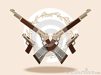 Wild west Guns and winchesters banner vector illustration. Automatic weapons, machine, pistolsrifle. Military combat Vector Illustration