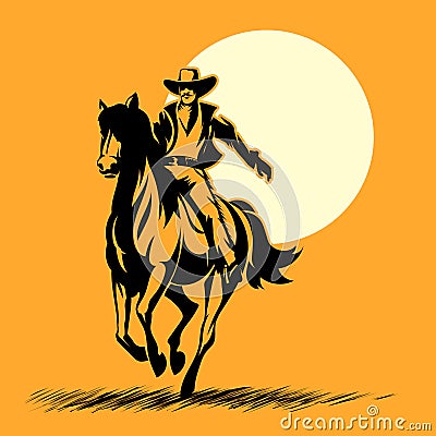 Wild west hero, cowboy silhouette riding horse Vector Illustration