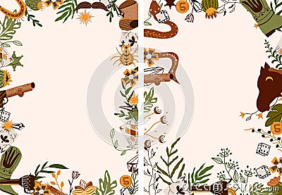 Wild West with horse head, playing cards, mystical snake, a cowboy hat, cactus and others. Combo western cards for your Vector Illustration