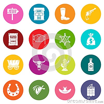 Wild west icons many colors set Vector Illustration