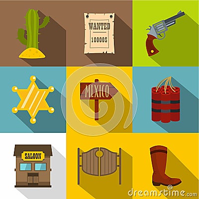 Wild west icons set, flat style Vector Illustration