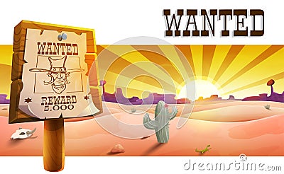 Wild west landscape with desert at sunset, cactus, mountains and western poster with cowboy face and the inscription is wanted. Vector Illustration