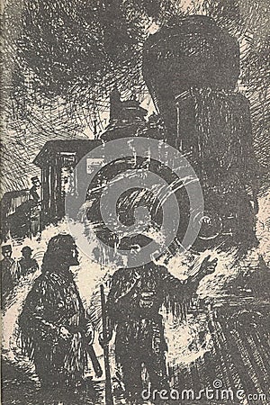 Wild West painting. Old illustration shows two trappers. Vintage black and white picture shows the Wild West life Cartoon Illustration