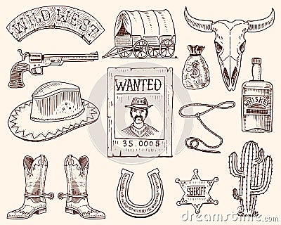 Wild west, rodeo show, cowboy or indians with lasso. hat and gun, cactus with sheriff star and bison, boot with Vector Illustration