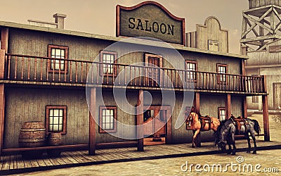 Wild West saloon and horses Stock Photo