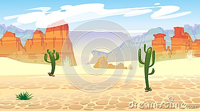 Wild west seamless pattern with mountains and cacti. Retro western background for games, ui, posters etc. Vector wild west Vector Illustration