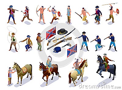 Wild West Set Indians Cowboys Army isometric icons on isolated background Vector Illustration