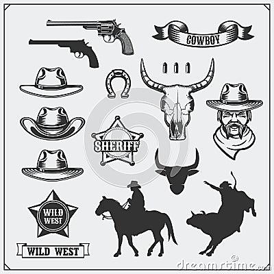 Wild west. Set of rodeo, sheriff and cowboy vintage emblems, icons and design elements. Vector Illustration