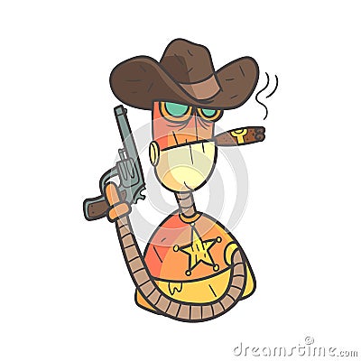 Wild West Sheriff Orange Robot In Cowboy Hat With Gun And Cigar Cartoon Outlined Illustration With Cute Android And His Vector Illustration