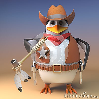 Wild West sheriff penguin cowboy smokes the peacepipe as a sign of goodwill, 3d illustration Cartoon Illustration