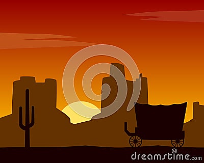 Wild West Sunset Background with Coach Vector Illustration