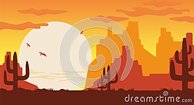 Wild west at sunset illustration. Orange silhouettes of Arizona mountains brown cactuses. Vector Illustration
