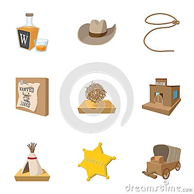 Wild West of USA icons set, cartoon style Vector Illustration