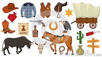 Wild west vector western cowboy or sheriff signs hat or horseshoe in wildlife desert with cactus illustration wildly Vector Illustration