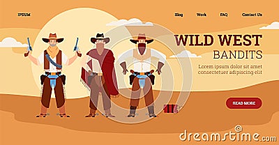 Wild West web banner with cowboys or western bandits flat vector illustration. Vector Illustration