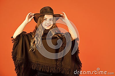 Wild west. Western child. Western soul. Cowboy hat adorable girl. American outfit. Rancho culture. Western traditions Stock Photo