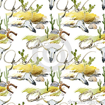 Wild West western seamless pattern. Cowboy, horseshoe, cactus, cow scull, Lasso. Stock Photo
