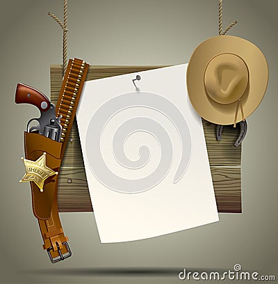 Wild West wood signboard with a sheet and cowboy accessories suspended on a rope Vector Illustration