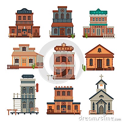 Wild West Wooden Buildings Collection, Bank, Saloon, Sheriff Office, Church, Western Town Design Element Vector Vector Illustration