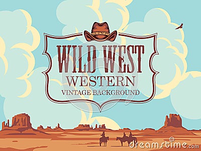 Wild western banner with cloudy sky and cowboys Vector Illustration