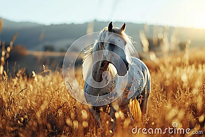 wild white with spots horse grazing in a meadow at sunset Stock Photo