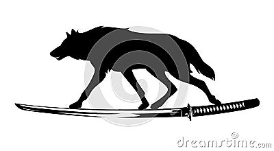 Wild wolf and samurai katana sword black vector design Vector Illustration