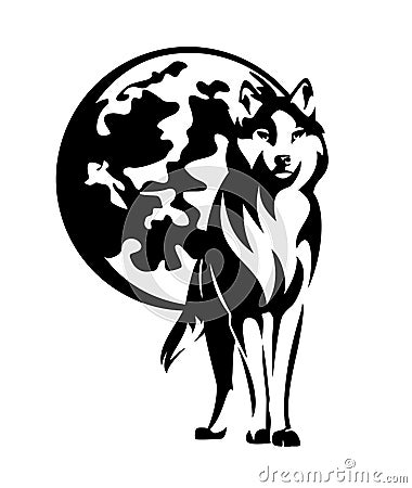 Standing wolf and full moon disk black and white vector design Vector Illustration