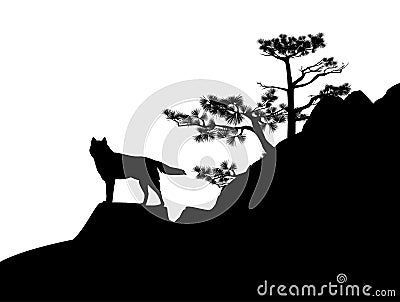 Wild wolf and pine tree black vector silhouette scene Vector Illustration