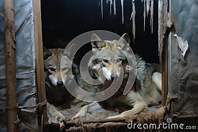 Wild wolves in captivity. Dirty, sick, skinny wolves in poor conditions in zoos, circuses, live in deplorable conditions Stock Photo