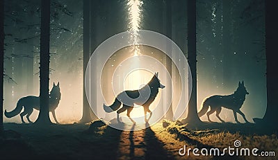 Wild wolves surrounded by glowing golden light, running through the misty forest. Generative AI Stock Photo