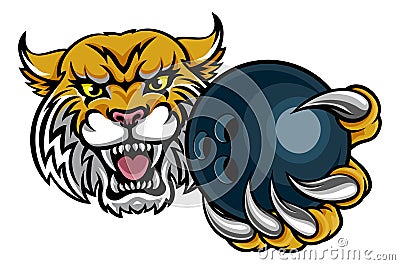 Wildcat Holding Bowlingl Ball Mascot Vector Illustration