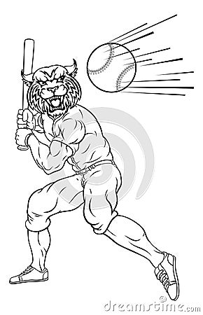 Wildcat Baseball Player Mascot Swinging Bat Vector Illustration