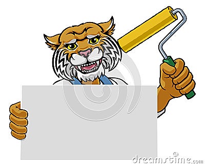 Wildcat Painter Decorator Paint Roller Mascot Man Vector Illustration