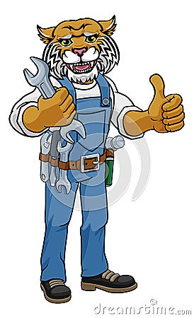 Wildcat Plumber Or Mechanic Holding Spanner Vector Illustration