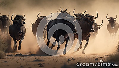 A wildebeest herd running Ai generative Stock Photo