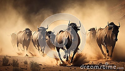A wildebeest herd running Ai generative Stock Photo