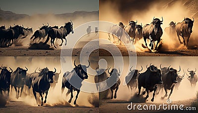 A wildebeest herd running Ai generative Stock Photo